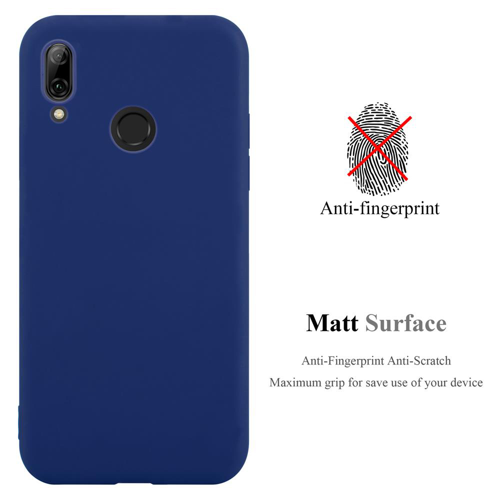 Eine blaue Handyhülle. Der Hintergrund ist weiß und hat Text über Anti-Fingerabdruck und eine matte Oberfläche.