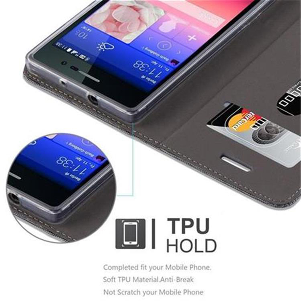 Un teléfono en una funda con ranura para tarjeta de crédito. El texto dice 'TPU HOLD'.