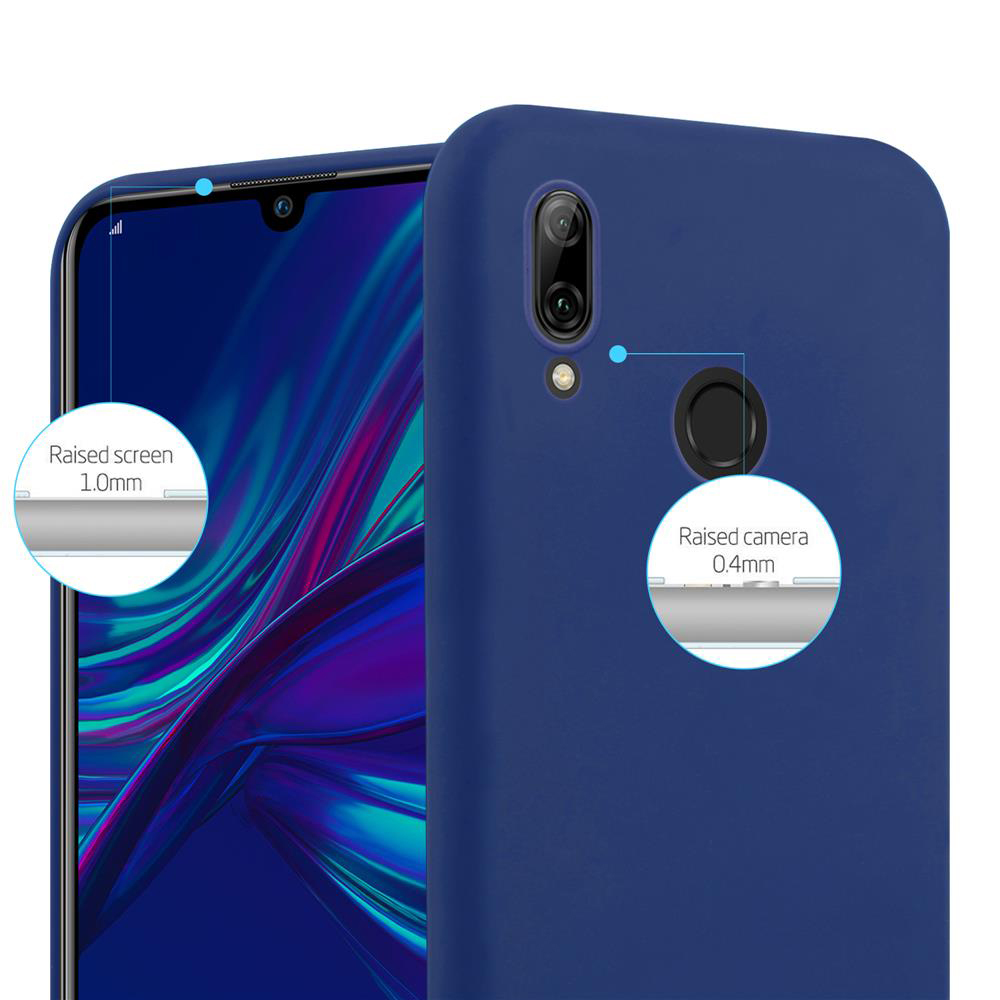 Nahaufnahme einer blauen Handyhülle mit einem Telefon. Bildschirm und Kamera sind mit Messungen beschriftet.
