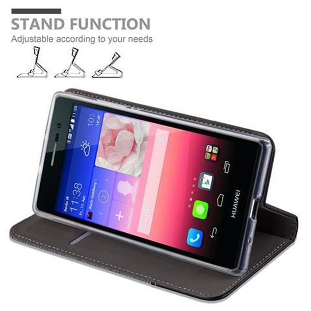 Teléfono en una funda, mostrando una pantalla. La función de soporte se muestra con ángulos ajustables. Fondo blanco.