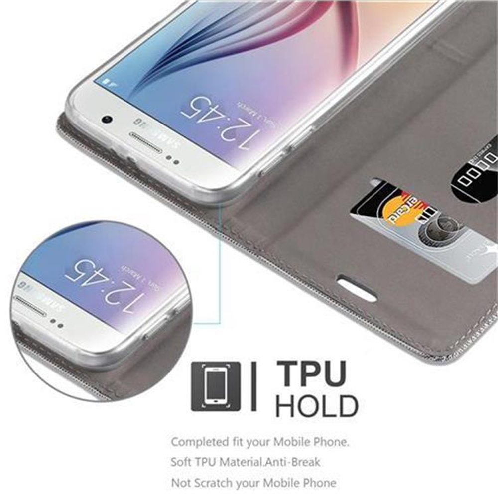 Telefon in Hülle mit Karten. Nahaufnahme des Telefondisplays und des Kartenfachs. Text: TPU halten.