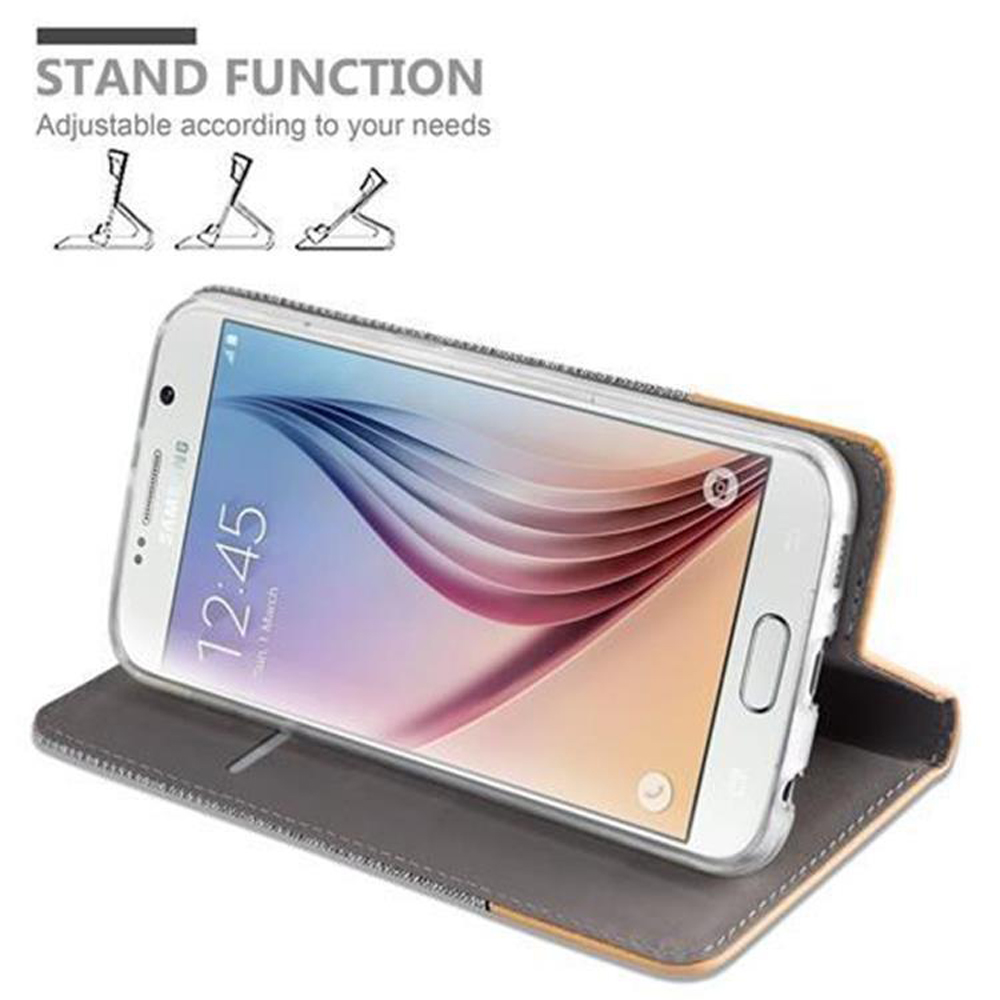 Telefon in grauem Etui, geöffnet, Bildschirm sichtbar. Standfunktion oben gezeigt.