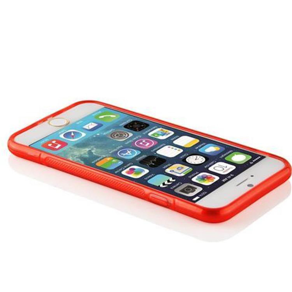 Custodia rossa su sfondo bianco, che tiene un iPhone bianco. Il telefono mostra le icone delle app.