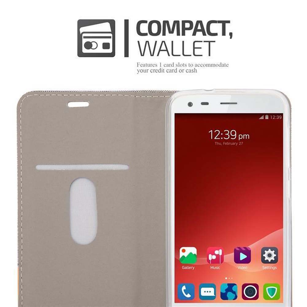 Telefono in custodia a portafoglio. Il display mostra ora, data e icone delle app. Testo: 'COMPACT, WALLET'.