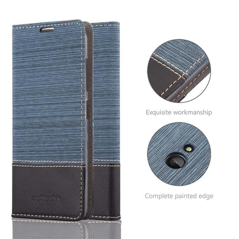 Custodia blu con telefono. Mostra una lavorazione squisita e un bordo verniciato.