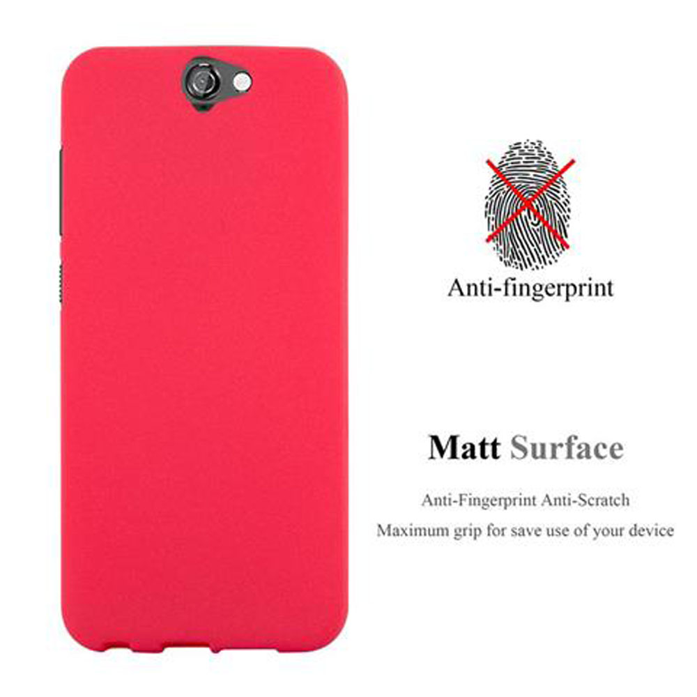 Custodia per telefono rossa, superficie anti-impronta. Il testo recita: Superficie opaca, anti-impronta, antigraffio.