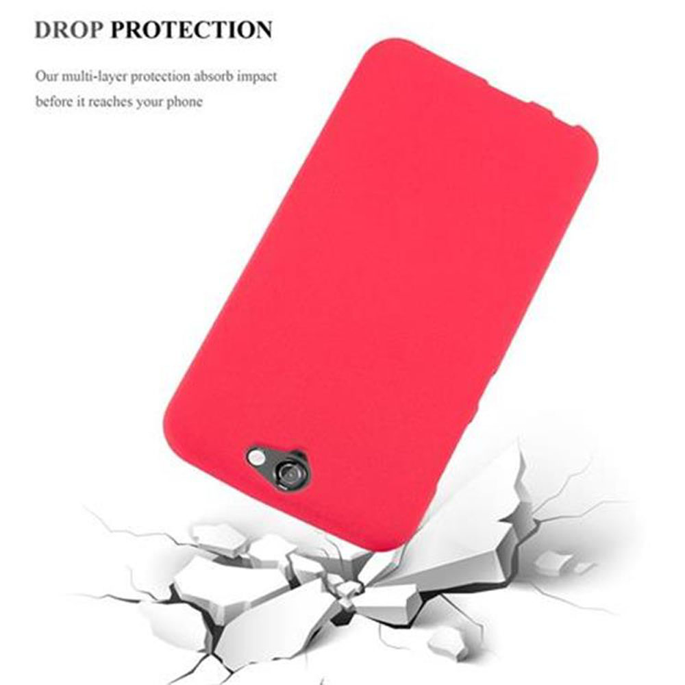 Custodia rossa per telefono che cade su una superficie. La custodia è rossa e proteggerà il telefono.