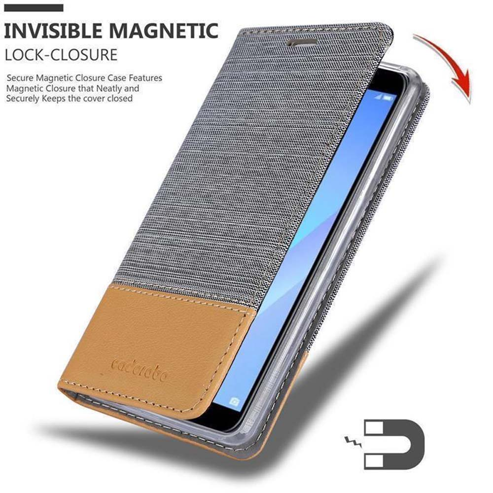 Custodia con coperchio aperto, su superficie bianca. La custodia è grigia e marrone chiaro. Testo indica chiusura magnetica.