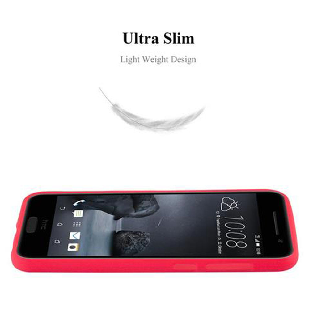 Custodia e telefono rossi su sfondo bianco. Testo "Ultra Slim" e piuma.