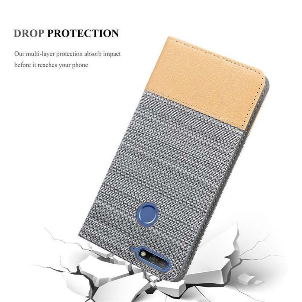 Una custodia per telefono con un design bicolore. La parte superiore è beige, quella inferiore grigia, con un telefono dentro, a terra.
