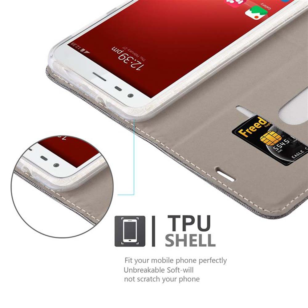 Telefono in una custodia, che mostra l'ora e una carta di credito. Il testo dice guscio in TPU, si adatta perfettamente.