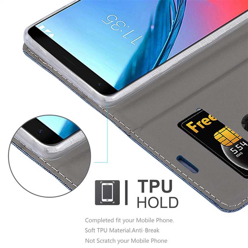 Telefono in custodia, grigio, con carta di credito. Testo: Supporto TPU, vestibilità completa, materiale morbido, anti-rottura.