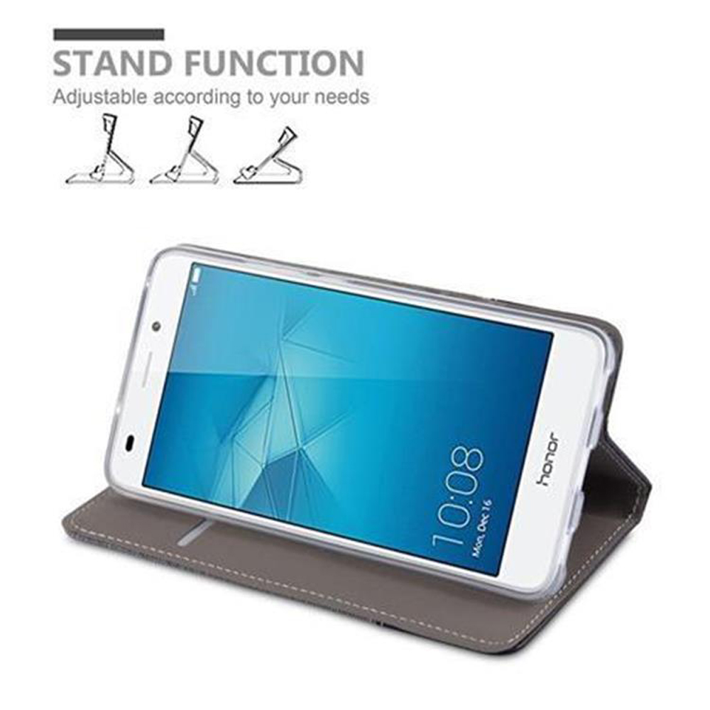 Un telefono in una custodia marrone. La custodia può essere un supporto. Segno di FUNZIONE STAND.