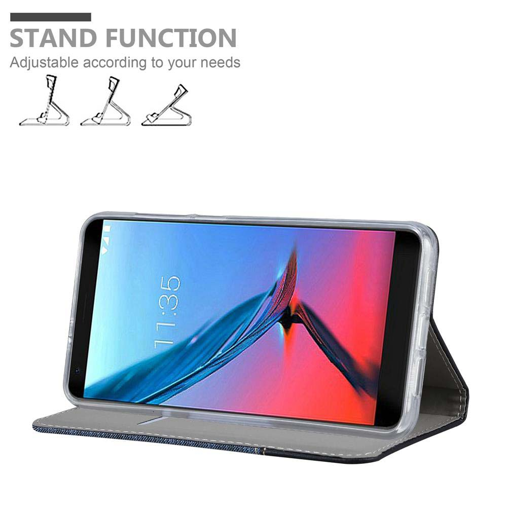 Telefono in custodia aperta. Lo schermo mostra l'ora. Sfondo bianco. Funzione stand. Disegni delle posizioni.