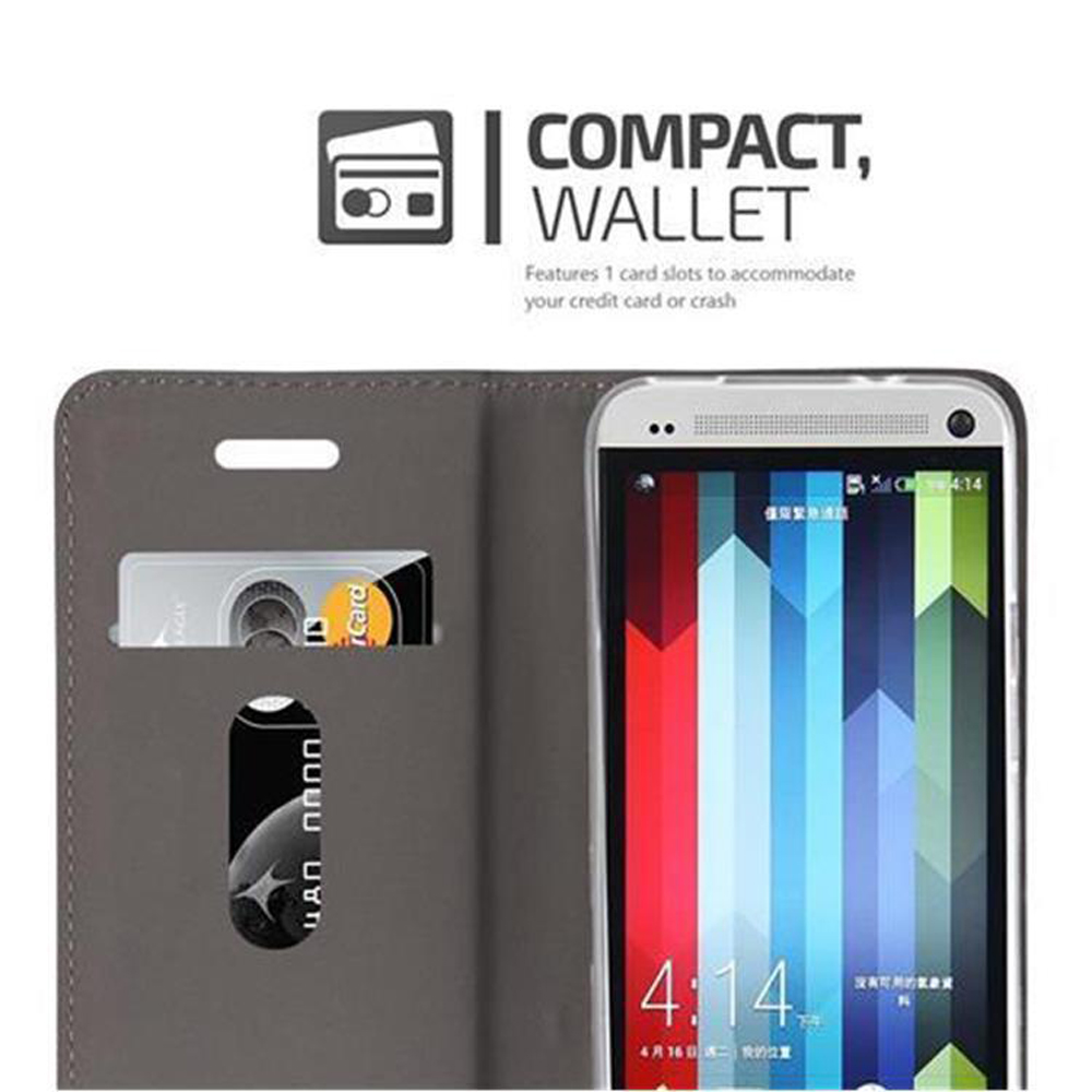 Teléfono en una funda con ranuras para tarjetas de crédito. El texto dice 'Compact, Wallet'. El fondo es blanco.