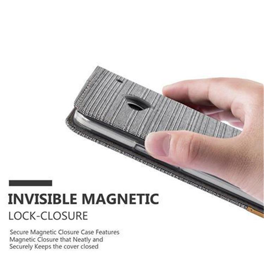 Una mano sosteniendo una funda con texto: INVISIBLE MAGNETIC LOCK-CLOSURE.