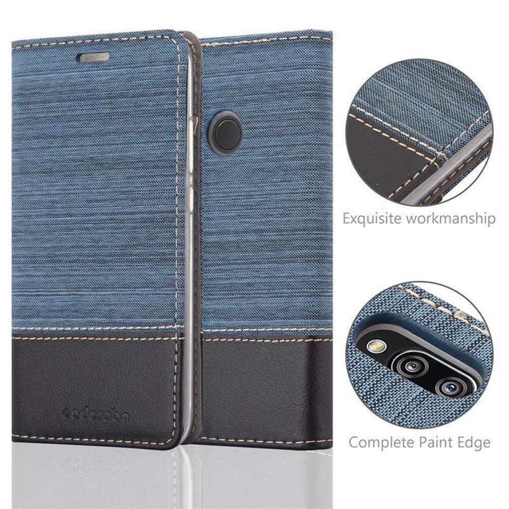 Custodia per telefono bicolore con esterno in tessuto blu e sezione inferiore nera. I dettagli mostrano un design squisito.