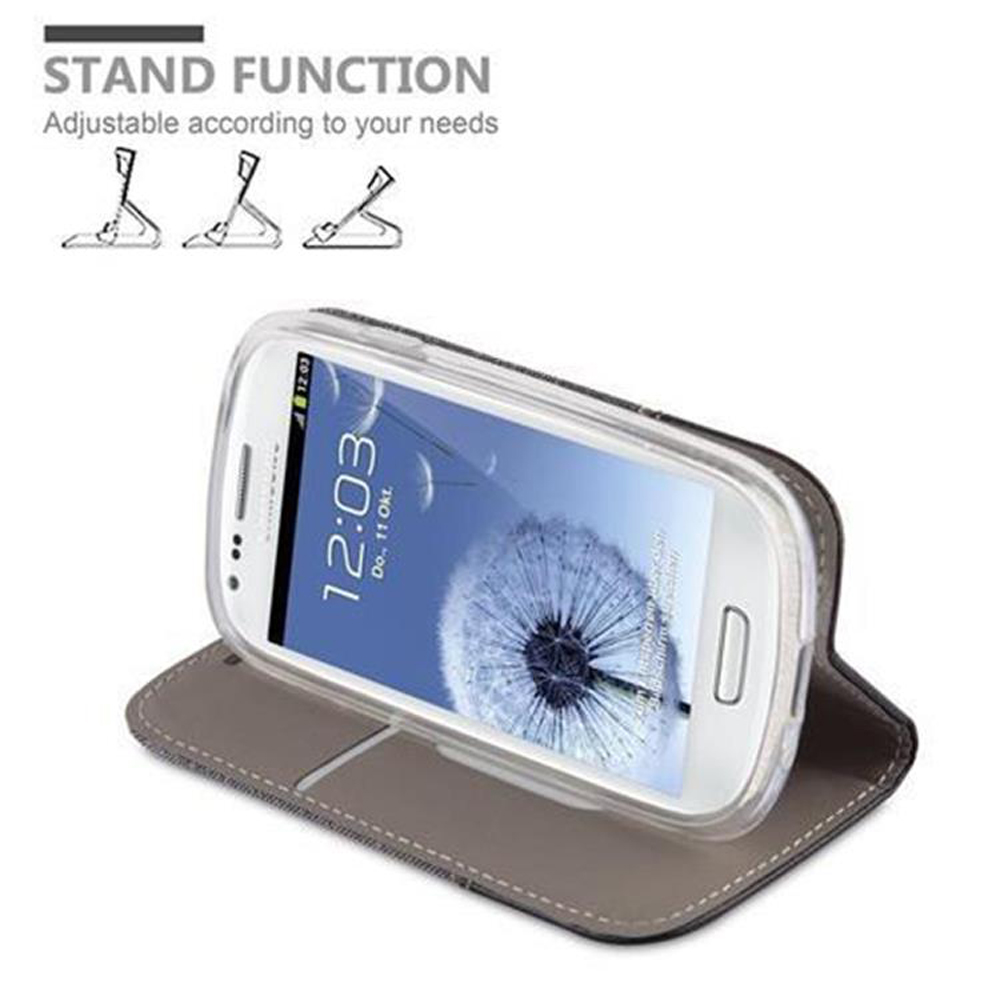 Weißes Smartphone in grauem Case, geöffnet zum Aufstellen. Text: Standfunktion. Anpassbar an Ihre Bedürfnisse.