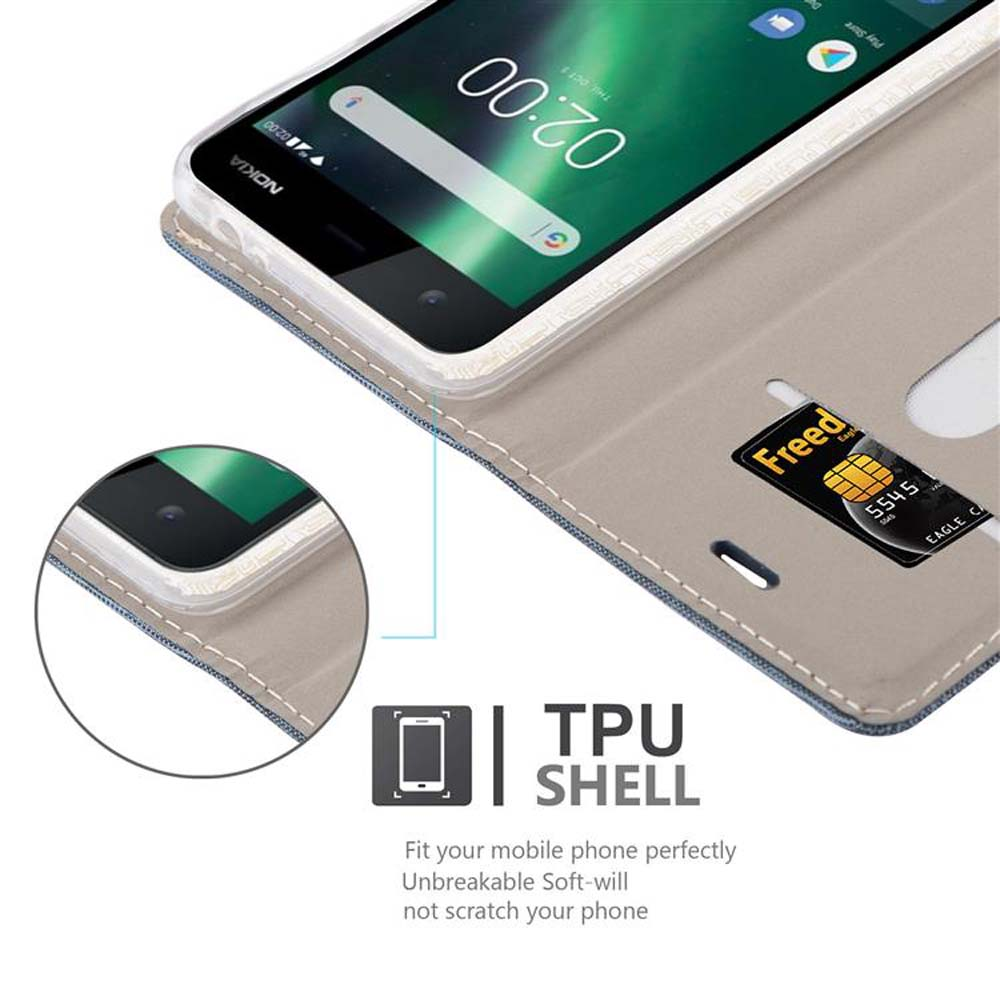 Telefono in una custodia con una carta di credito in uno slot. La custodia è aperta.