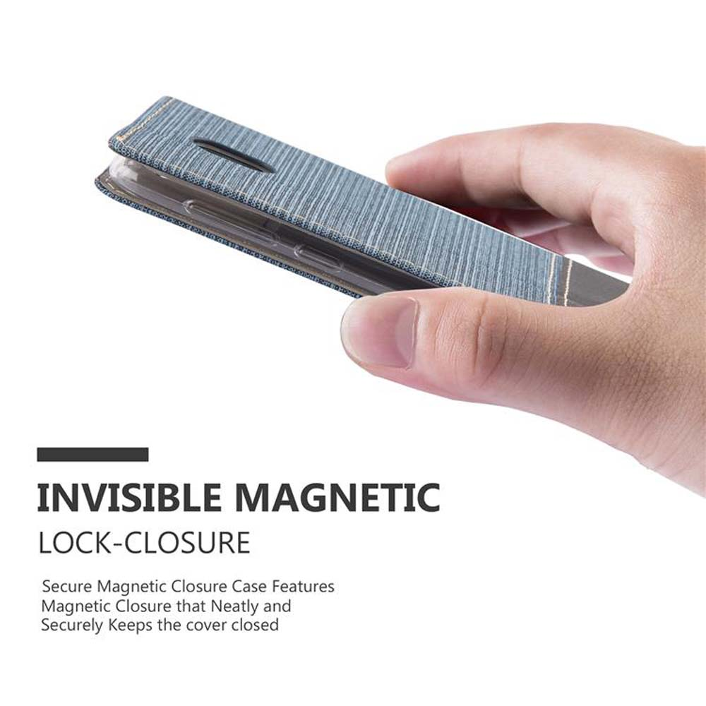 Una custodia per telefono è chiusa, con chiusura magnetica. Il testo descrive la funzione di chiusura magnetica.