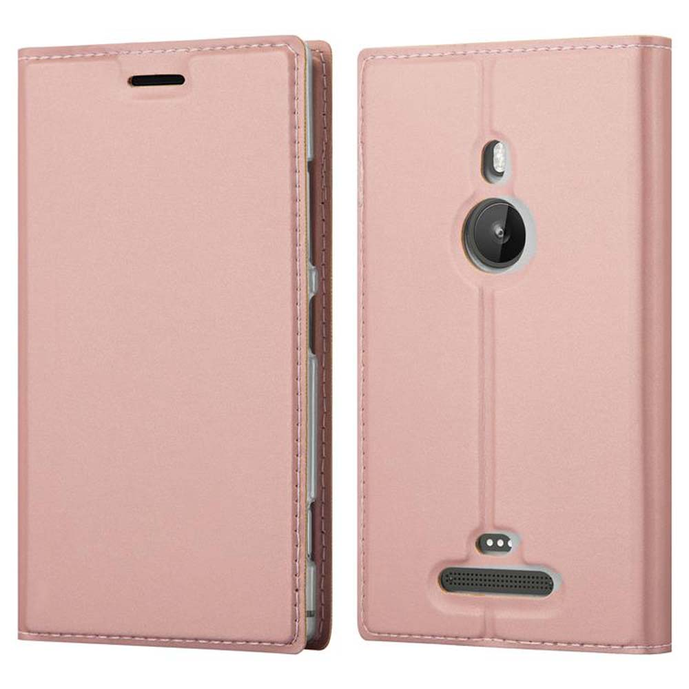 Étui de téléphone rose, simili cuir, avec surpiqûres. Vues ouvertes et fermées. L'arrière a des découpes pour l'appareil photo.