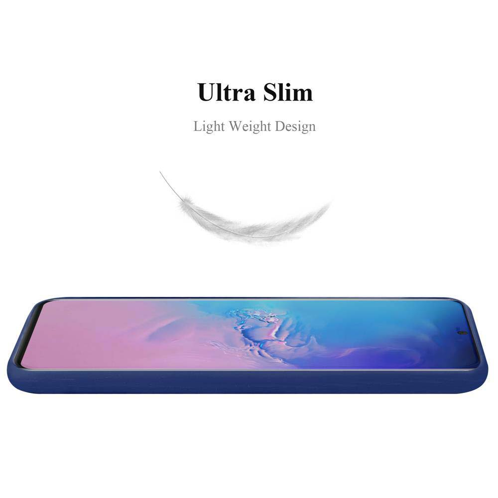 Custodia blu con telefono dentro. Piuma e testo 'Ultra Slim' sopra.