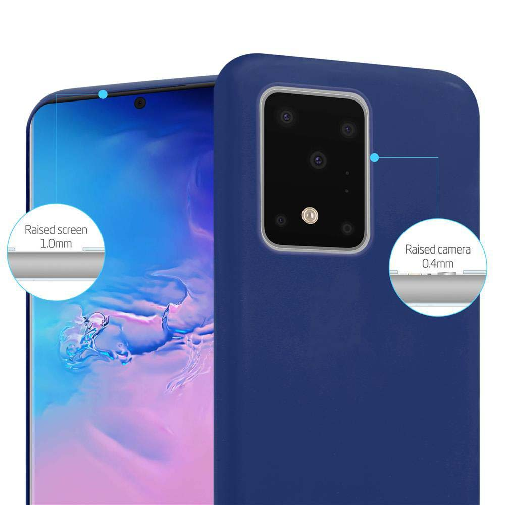 Custodia blu per telefono con protezione fotocamera. Dettagli schermo e fotocamera rialzati.