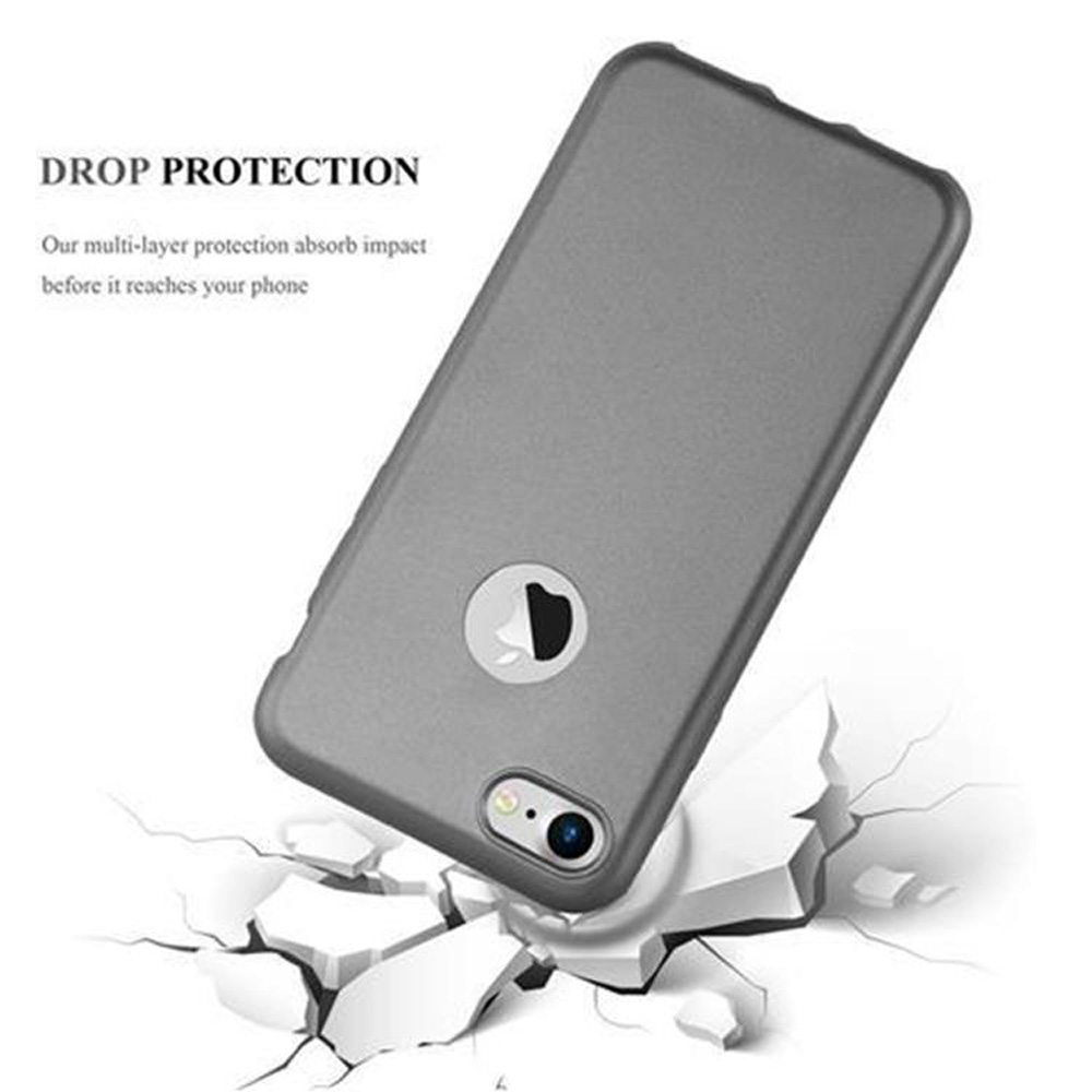 Custodia grigia per telefono su sfondo bianco, con testo 'DROP PROTECTION' e un telefono.