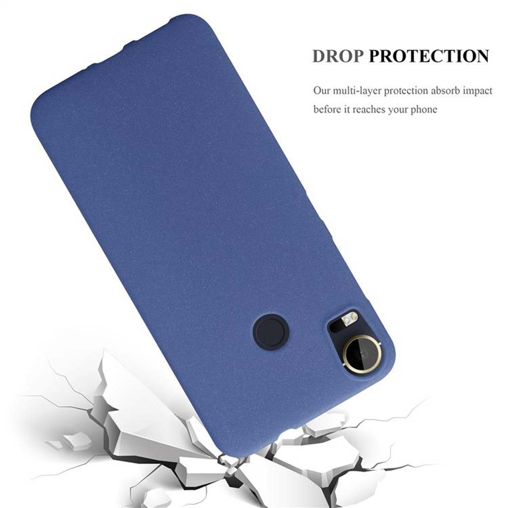 Custodia blu per telefono che cade con crepe. Il testo dice 'Drop Protection'.