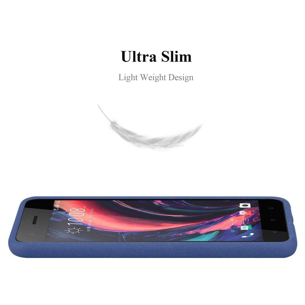 Telefono blu in una custodia. Il telefono è sdraiato. Una piuma fluttua sopra.