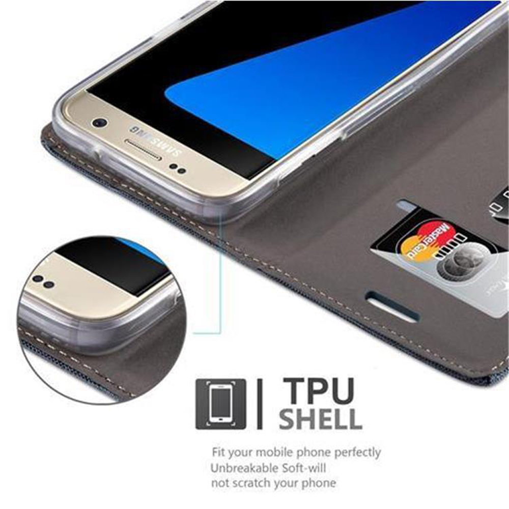 Custodia per telefono con un telefono Samsung all'interno. La custodia è grigia, ha degli scomparti per carte. Il testo TPU SHELL si trova in basso.
