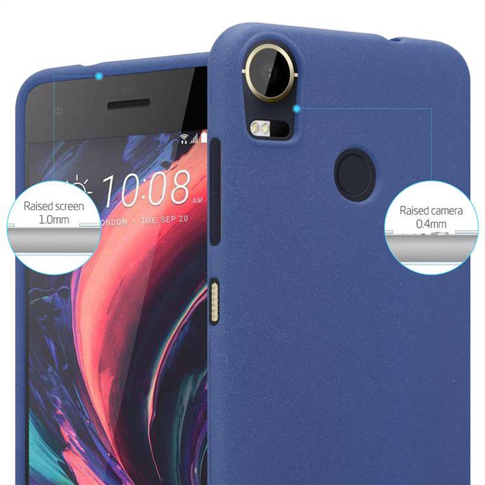 Custodia per telefono blu con fotocamera e schermo. Il testo recita: Schermo rialzato 1,0 mm, Fotocamera rialzata 0,4 mm.