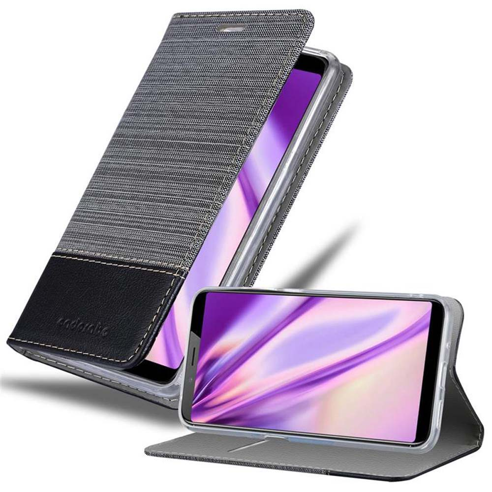 Handyhülle, offen und geschlossen, zeigt ein Telefon. Die Hülle ist grauer Stoff mit schwarzen Akzenten.