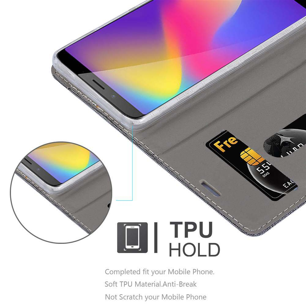 Telefon in offener grauer Hülle mit Kreditkarte. Text: TPU HOLD.