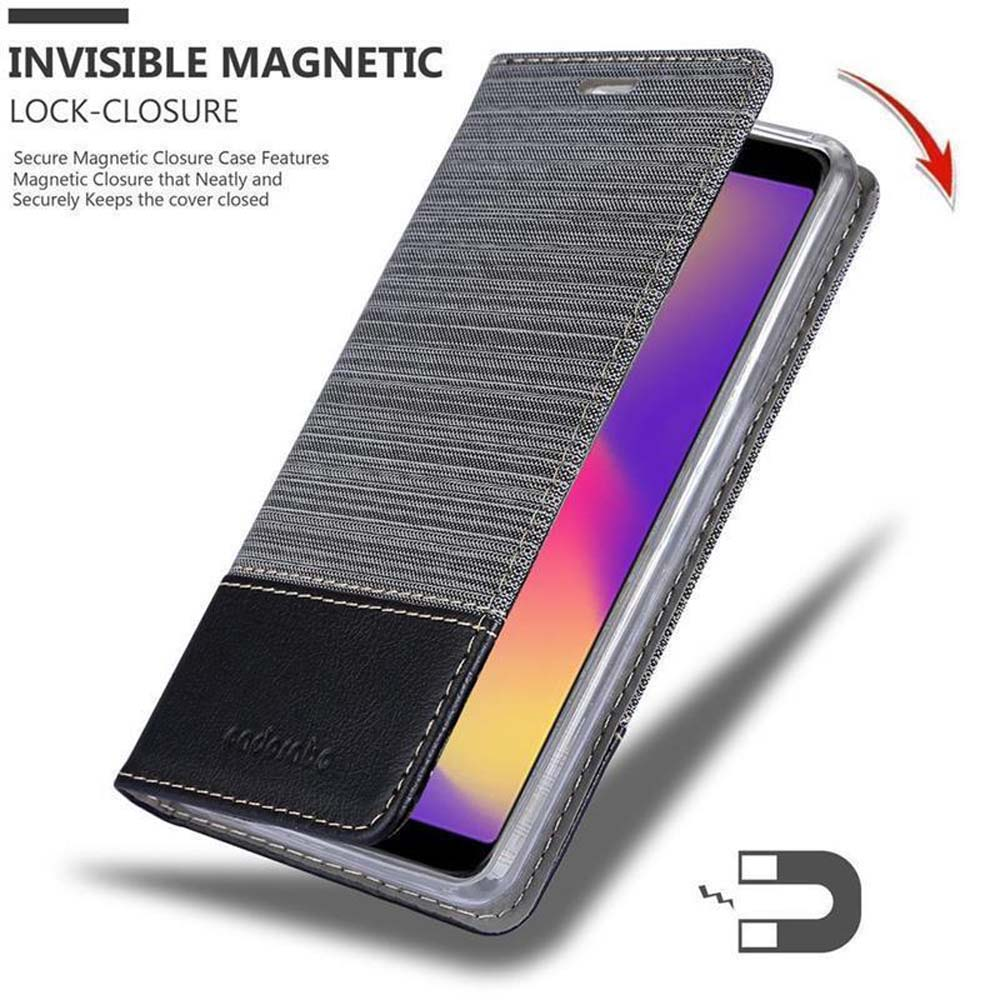 Eine Handyhülle geöffnet. Sie ist dunkelgrau und schwarz, mit Magnetverschluss. Der Bildschirm ist sichtbar.