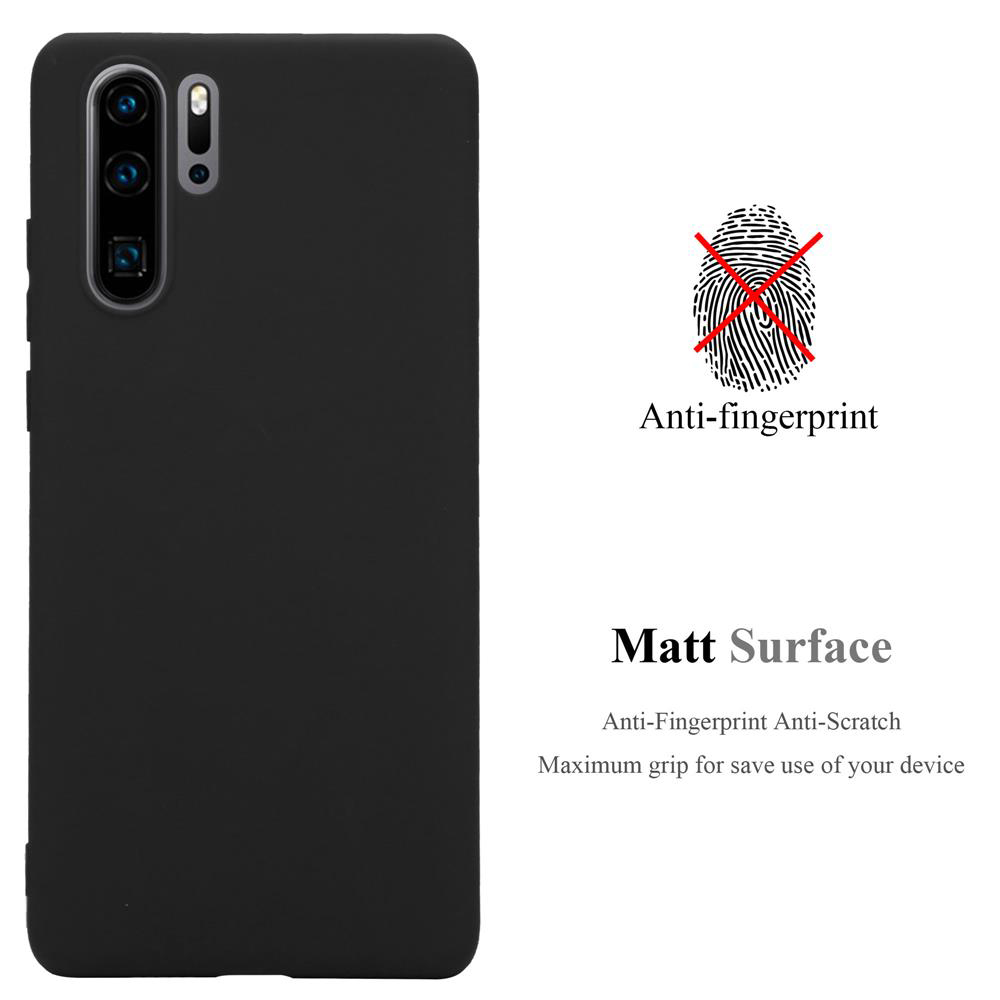 Eine schwarze Handyhülle. Die Hülle hat eine matte Oberfläche und ist fingerabdrucksicher. Ein Fingerabdruck hat ein X.