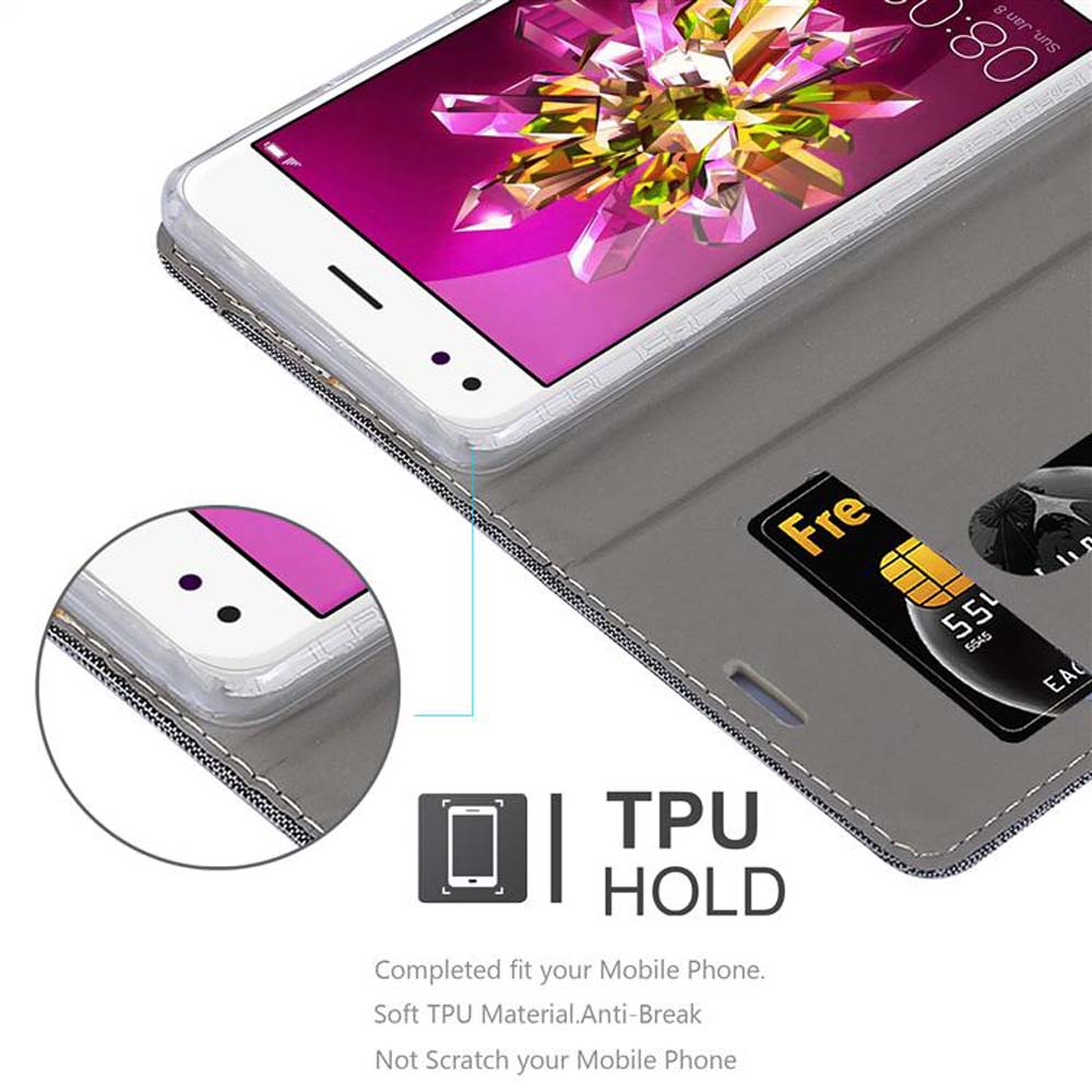 Telefon in grauem Etui, mit Karte. TPU HOLD Logo ist sichtbar.