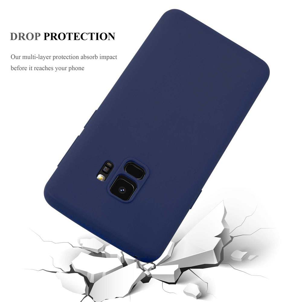 Una custodia per telefono blu scuro è su una superficie bianca. Il testo dice DROP PROTECTION. La custodia è leggermente danneggiata.