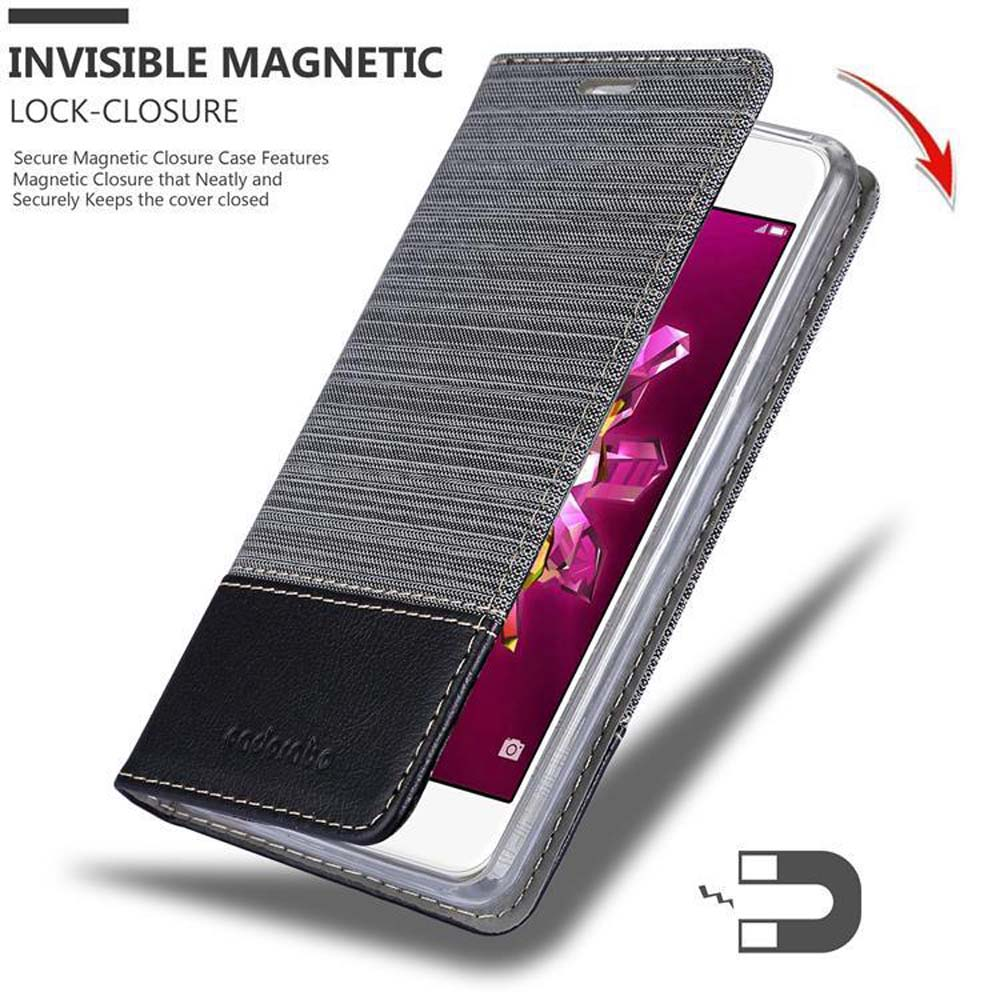 Ein Telefon in einer Hülle mit Denim-Textur und Magnetverschluss, die Abdeckung ist geöffnet und zeigt das Telefon.