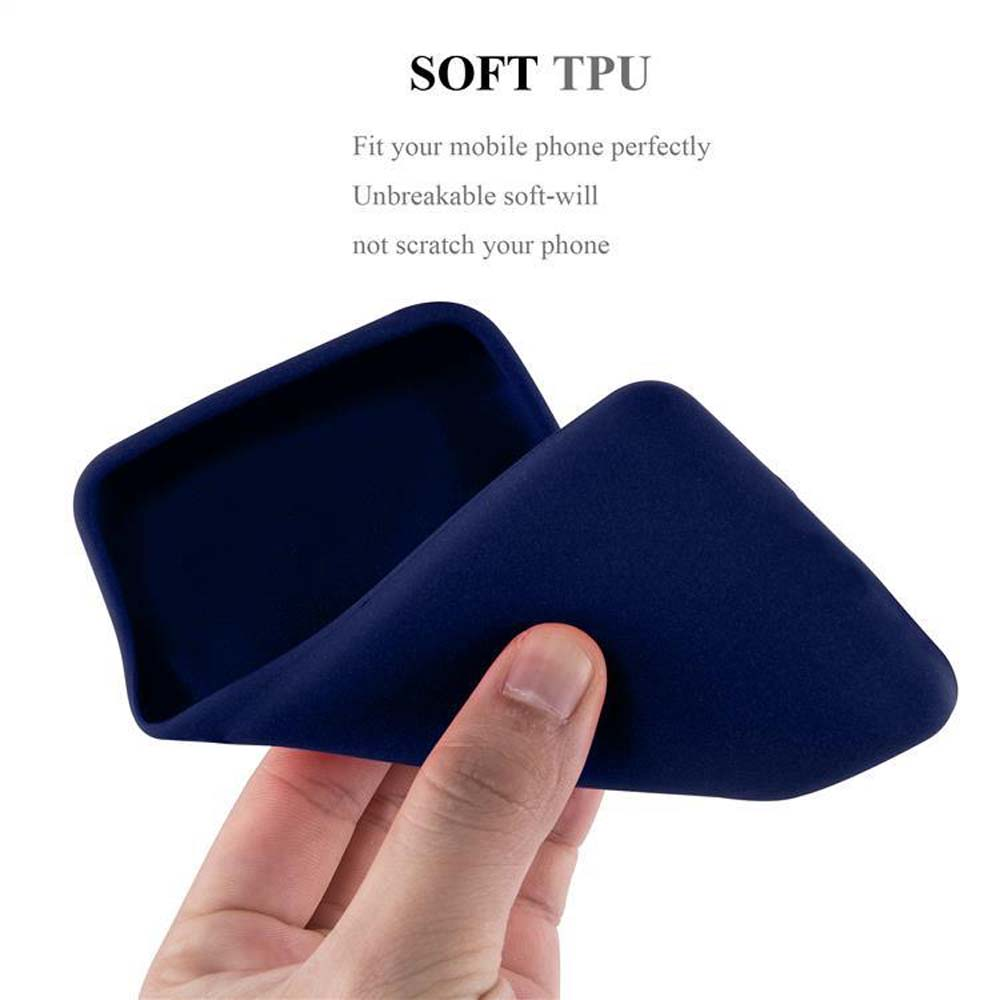 Viene mostrata una custodia per telefono blu scuro. Il testo indica che è realizzata in morbido materiale TPU ed è infrangibile.