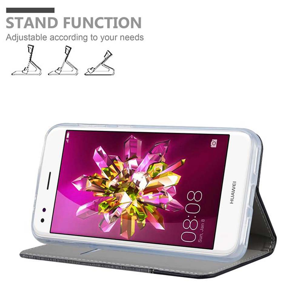 Ein Telefon befindet sich in einer Hülle, die Standfunktion wird gezeigt, mit einem weißen Telefon.