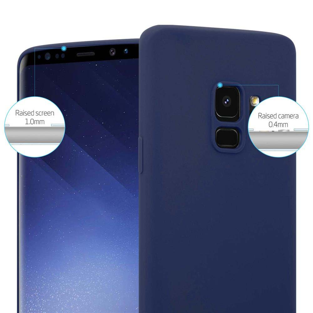 Custodia blu per telefono e telefono. La custodia ha bordi rialzati per la protezione dello schermo e della fotocamera.