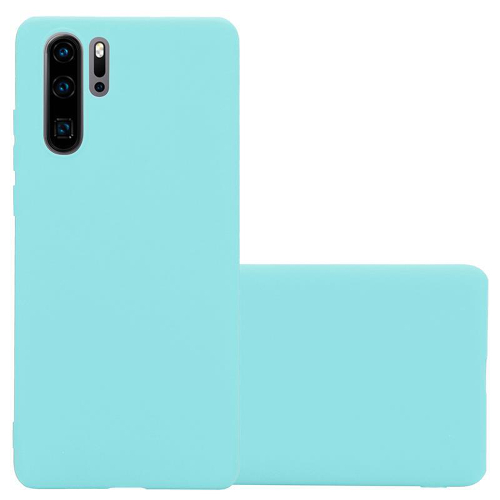 Hellblaue Handyhülle mit Telefon. Das Telefon hat Kameras.