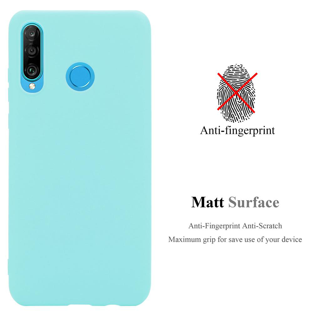 Telefono azzurro con custodia azzurra, anti-impronta e superficie opaca indicate.