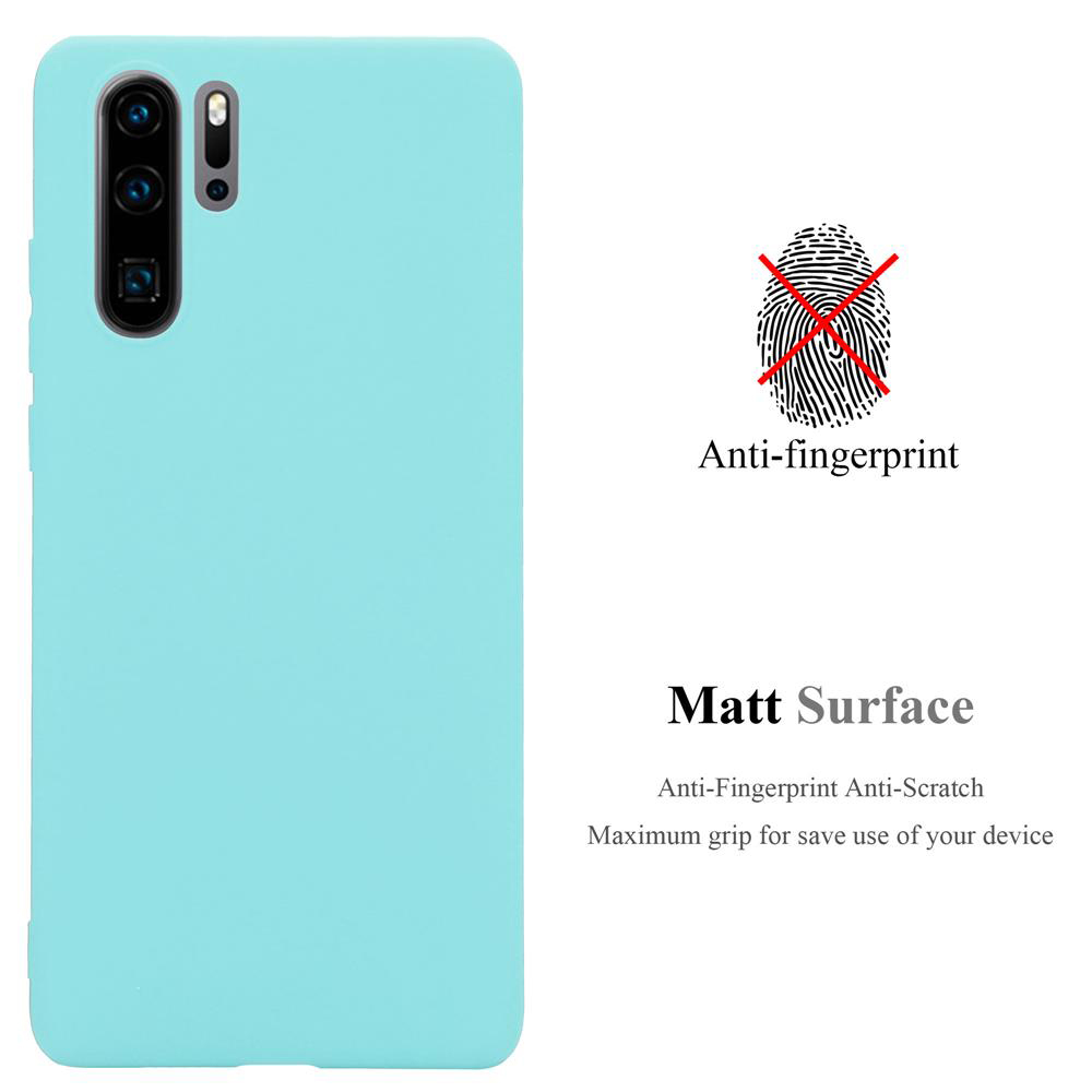 Hellblaue Handyhülle. Text: Anti-Fingerprint. Matt Oberfläche. Anti-Fingerprint Anti-Kratzer. Maximaler Grip.