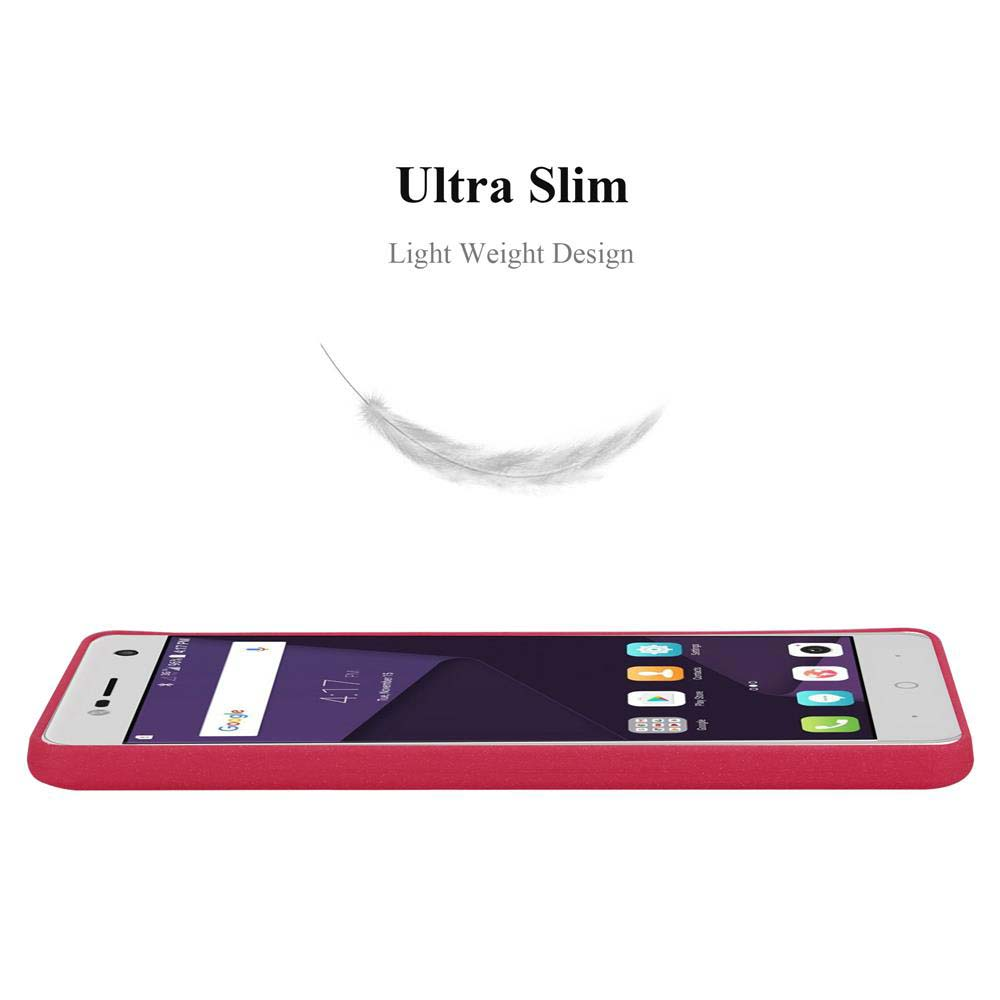 Un telefono rosso in una custodia sottile, una piuma bianca fluttua sopra.