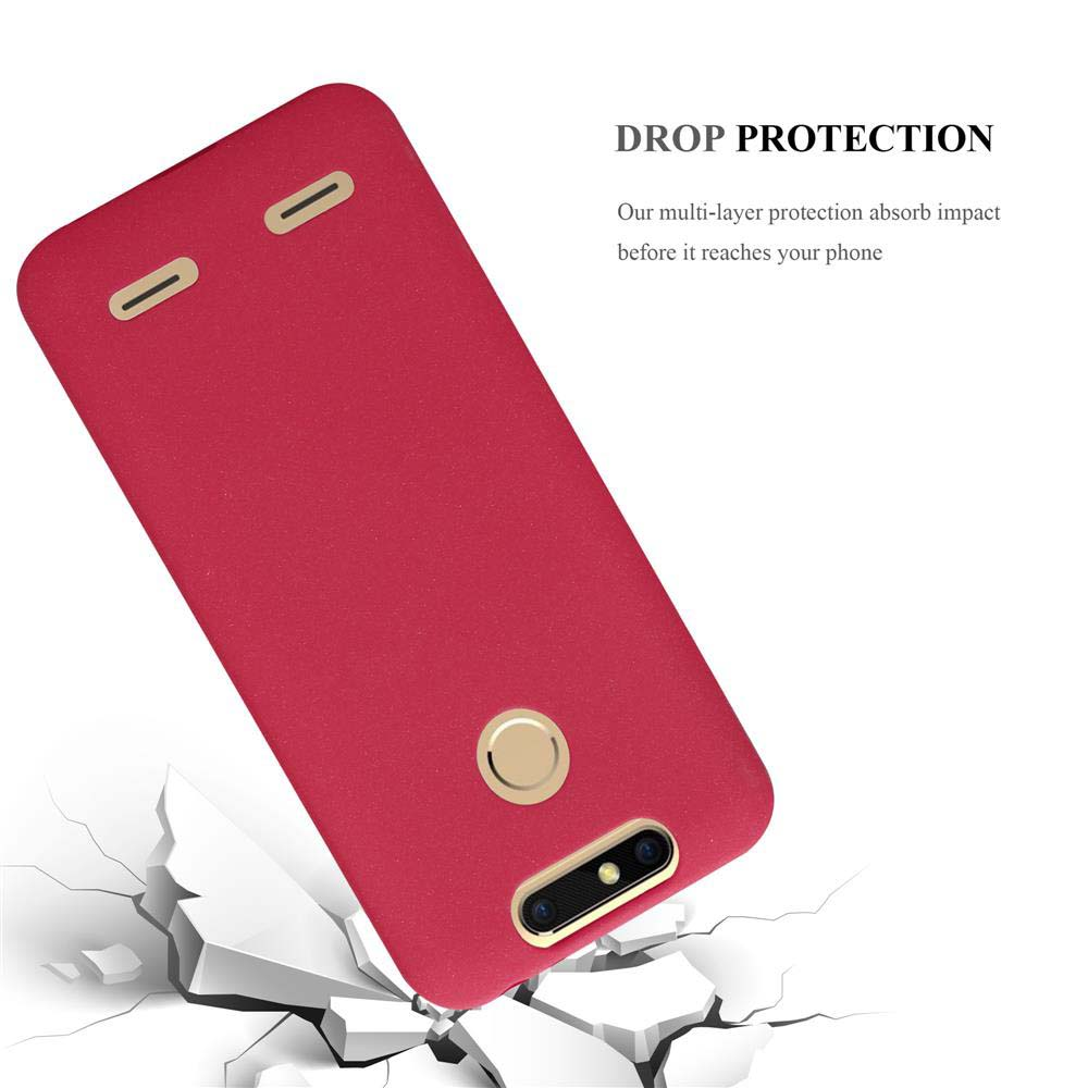 Custodia per telefono rossa con un ritaglio per la fotocamera e una superficie rotta sottostante.