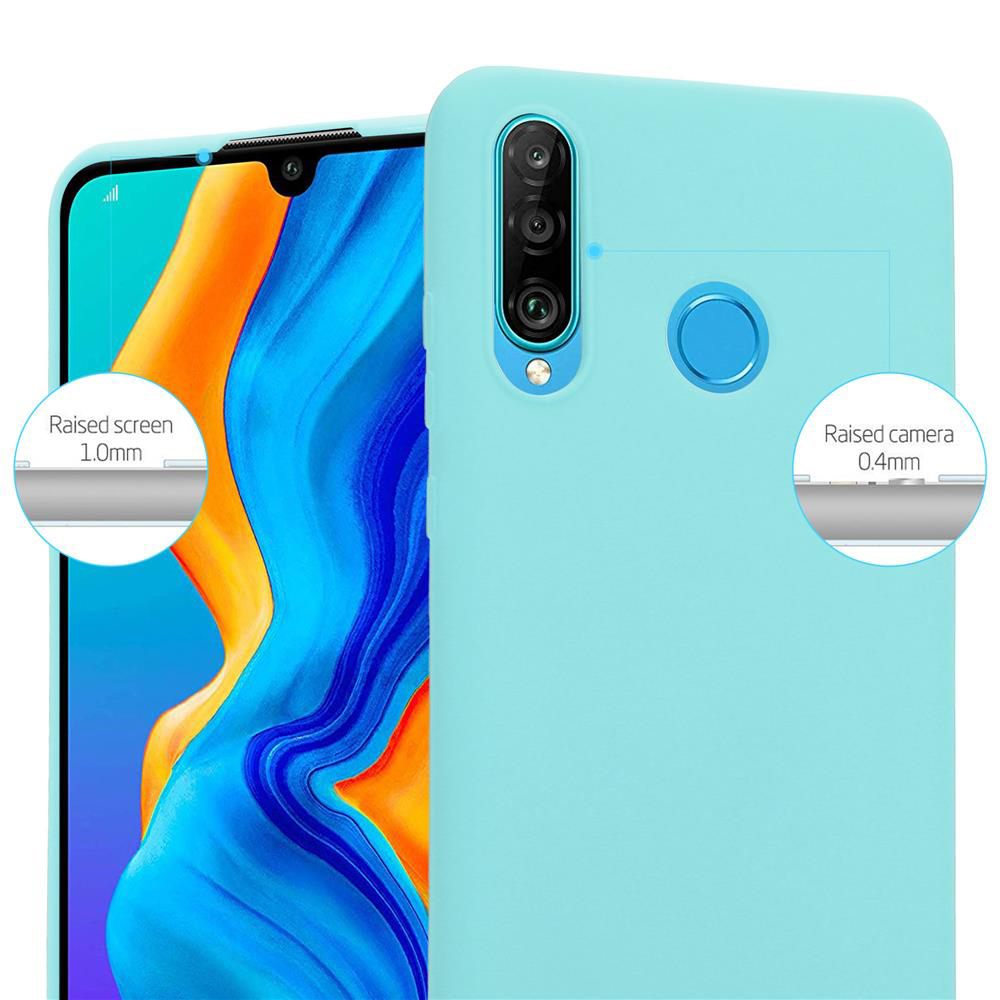 Custodia per telefono azzurra. La fotocamera e lo schermo sono rialzati. La fotocamera ha un cerchio blu.