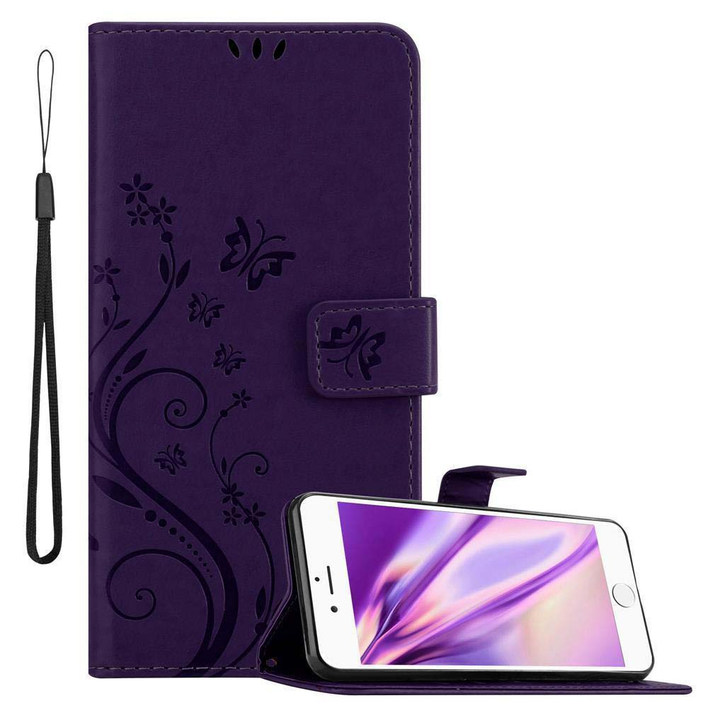Lila Handyhülle mit Telefon. Die Hülle hat ein Blumendesign und einen Riemen. Der Telefonbildschirm ist an.