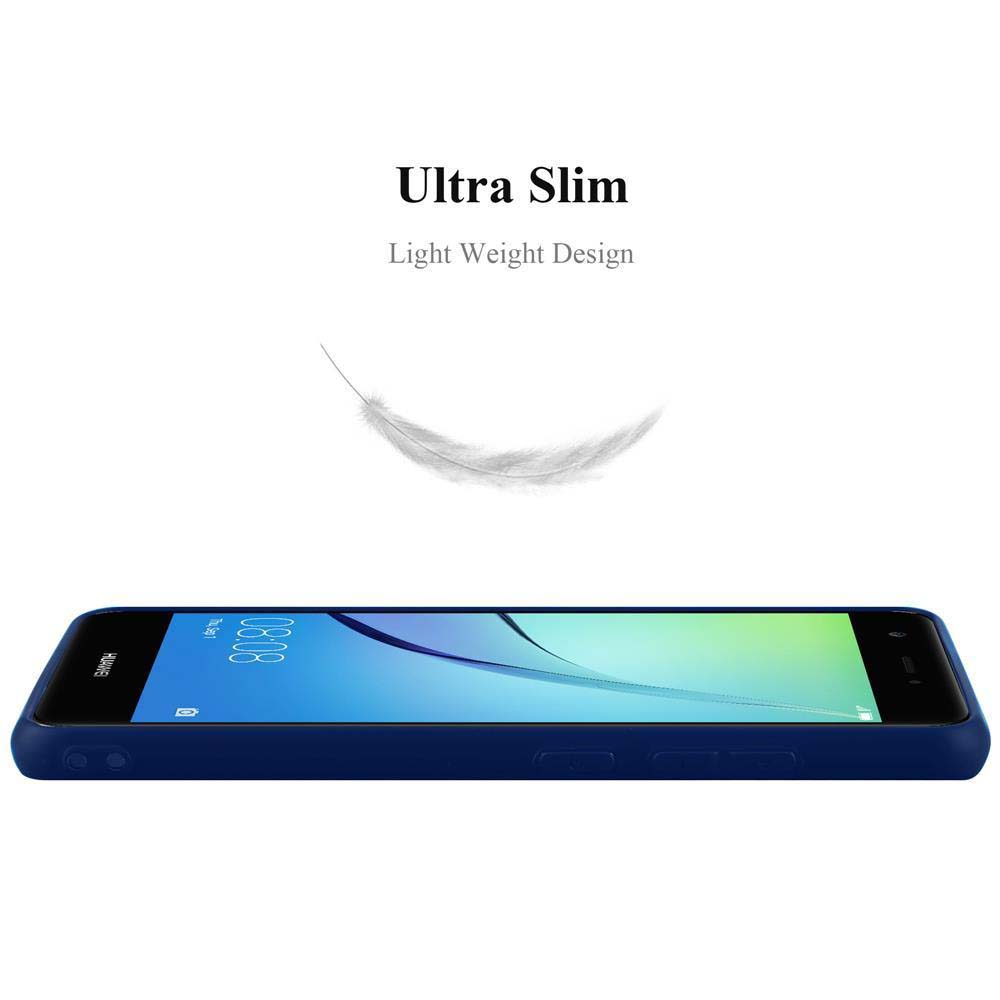 Custodia per telefono blu, il telefono nella custodia è rivolto verso l'alto. Testo: Ultra sottile. Design leggero.